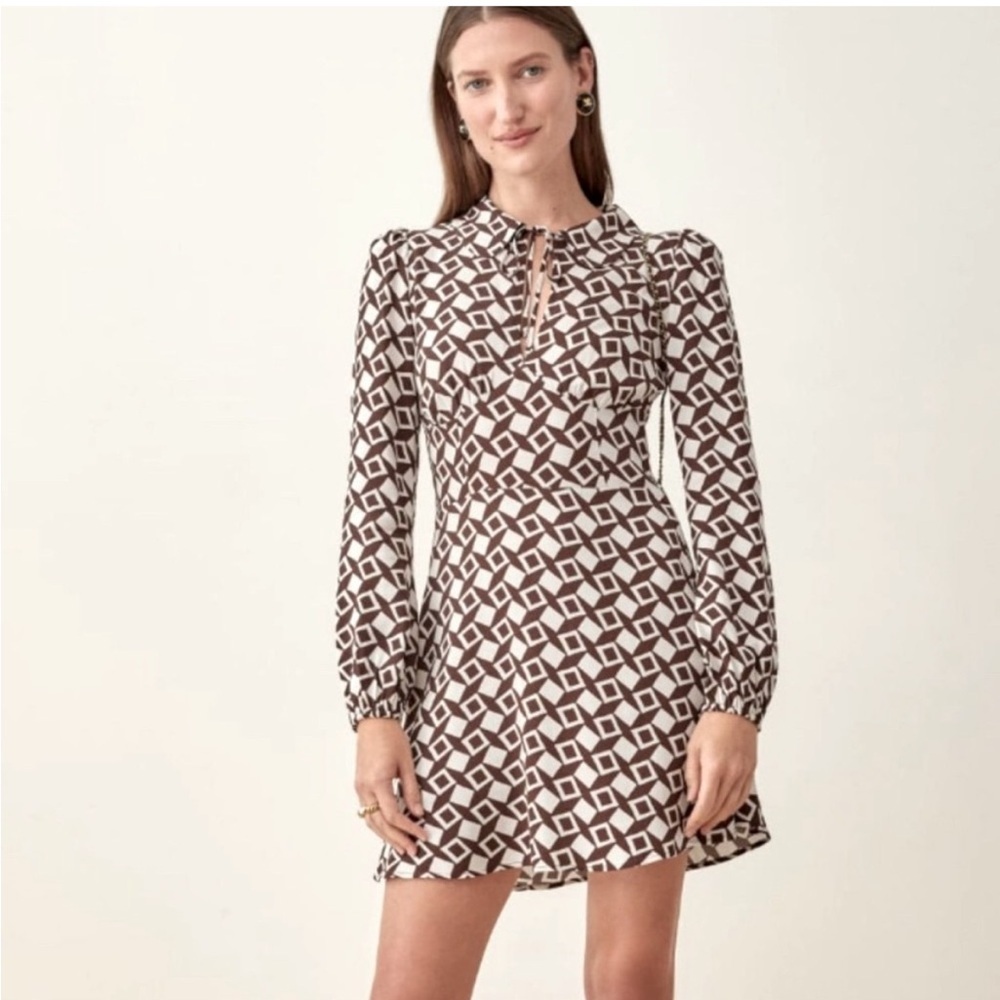 Reformation Will Mini Dress Brown & White Tile Pattern Tie Collared Neck Size 10